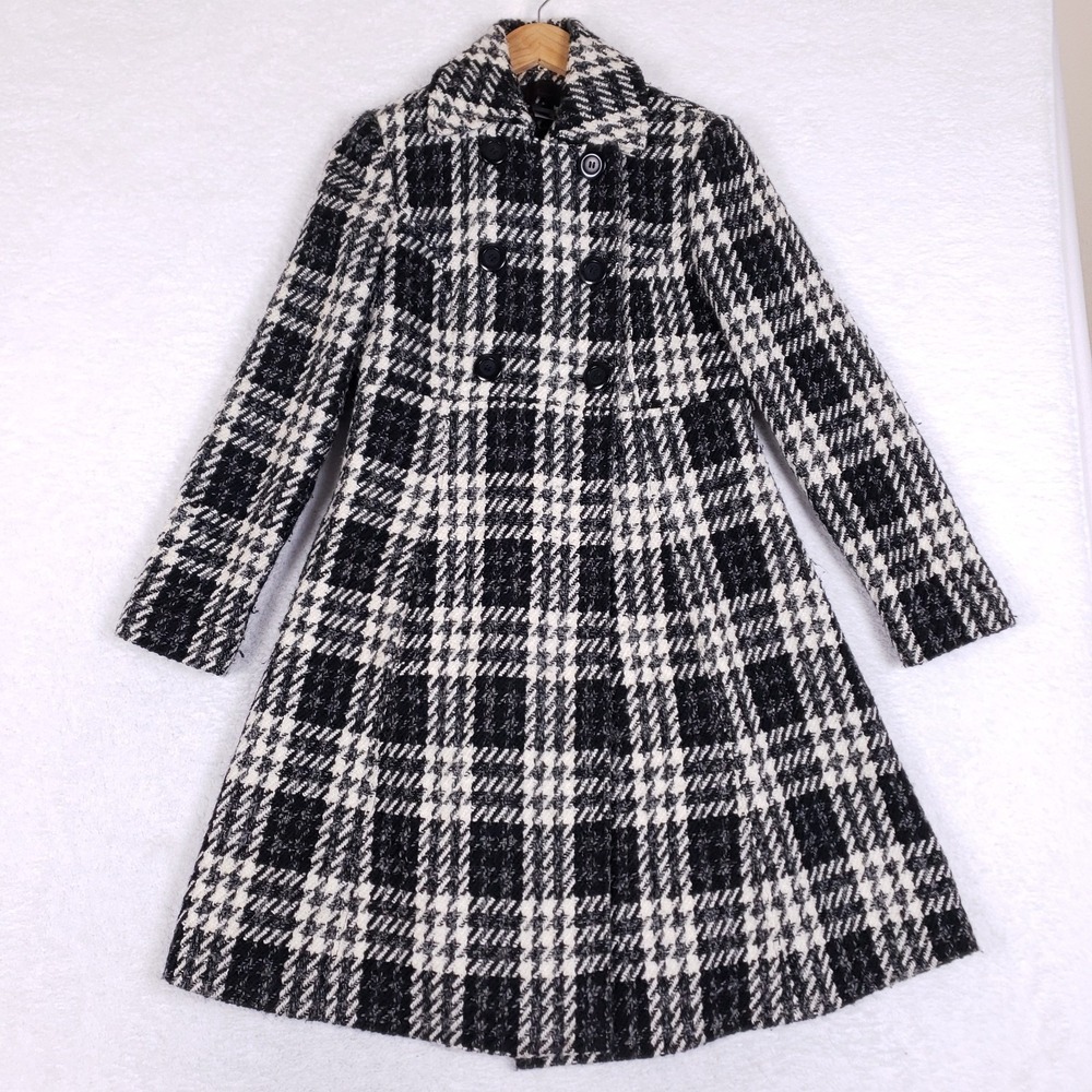 Via Plaid Wool Blend Coat‎ 6 Double Breasted A-Line Black White Academia